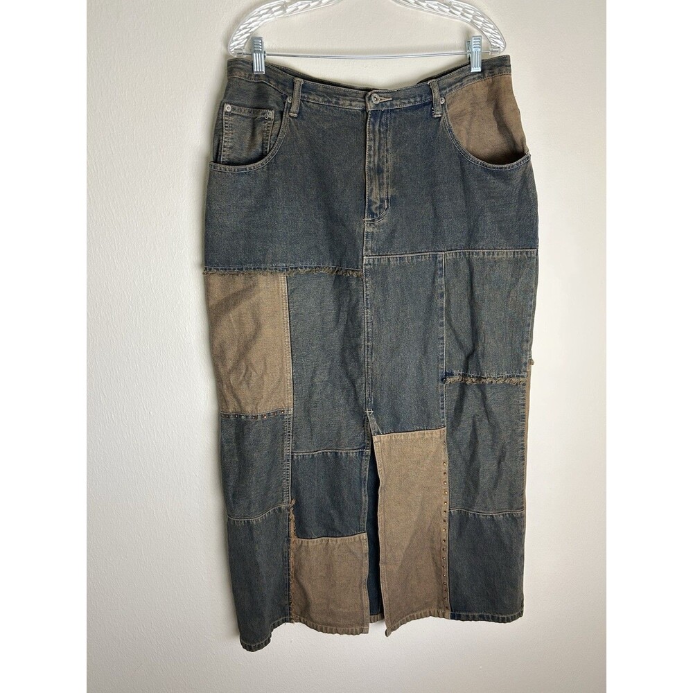 Ashley Stewart Two-Tone Patchwork Denim Midi Skirt - Black & Brown